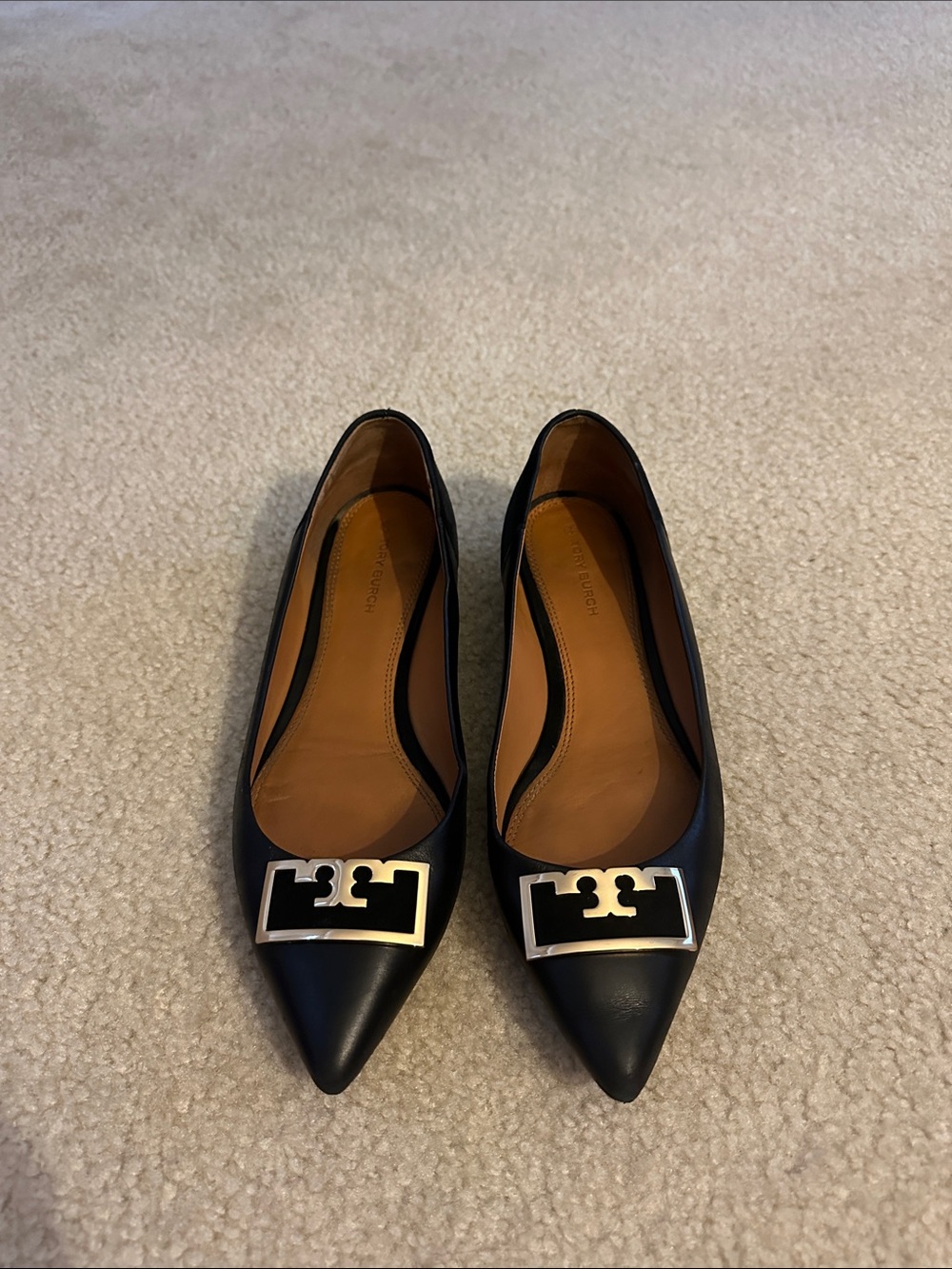 Tory Burch Black Pointed-Toe Flats with Gold Logo Hardware